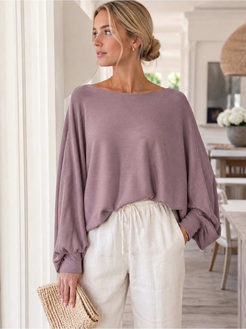 Arula Dusty Mauve/Purple Rib Knit Batwing Boat Neck Oversized Sweater XL EUC